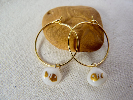 Tiny shell earrings with painting, little fish