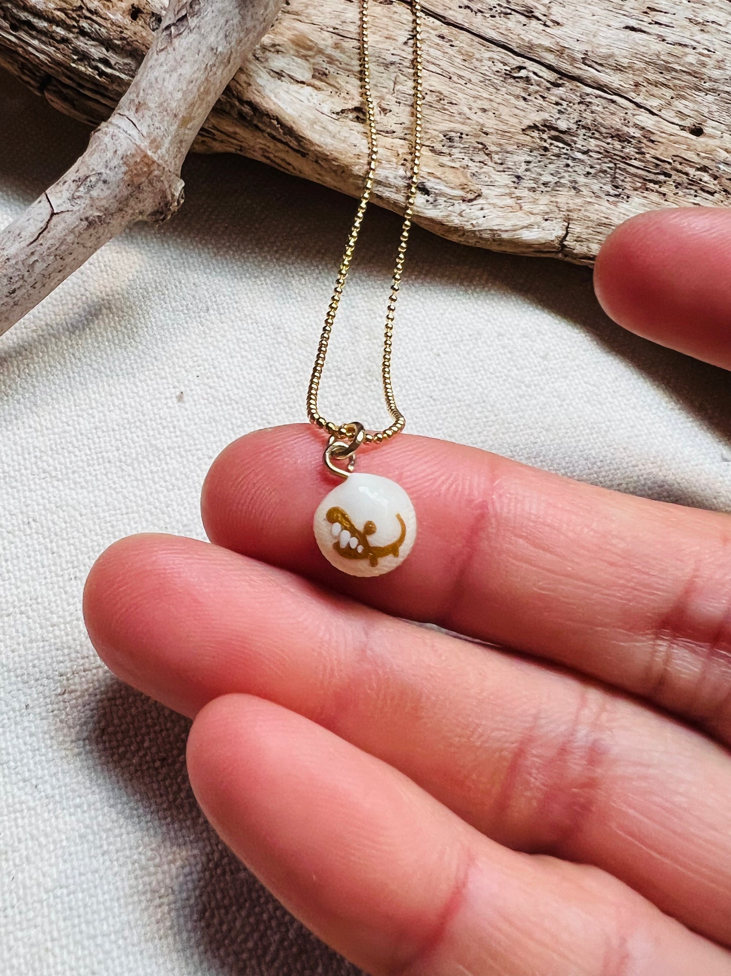 Tiny shell necklace with painting, little crocodile