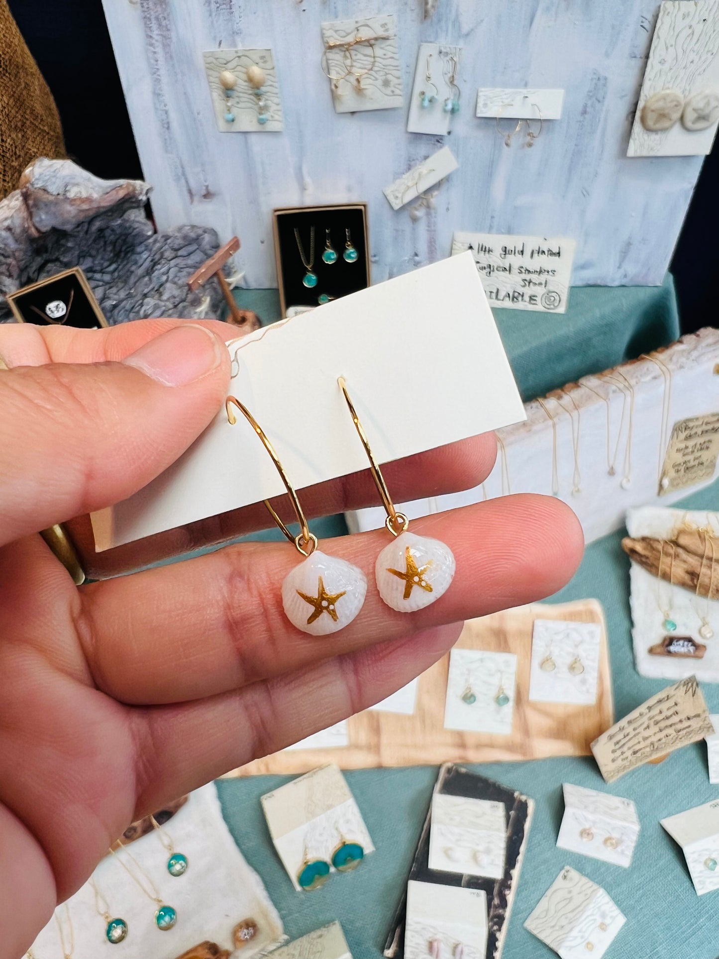 Tiny shell earrings with painting, little starfish