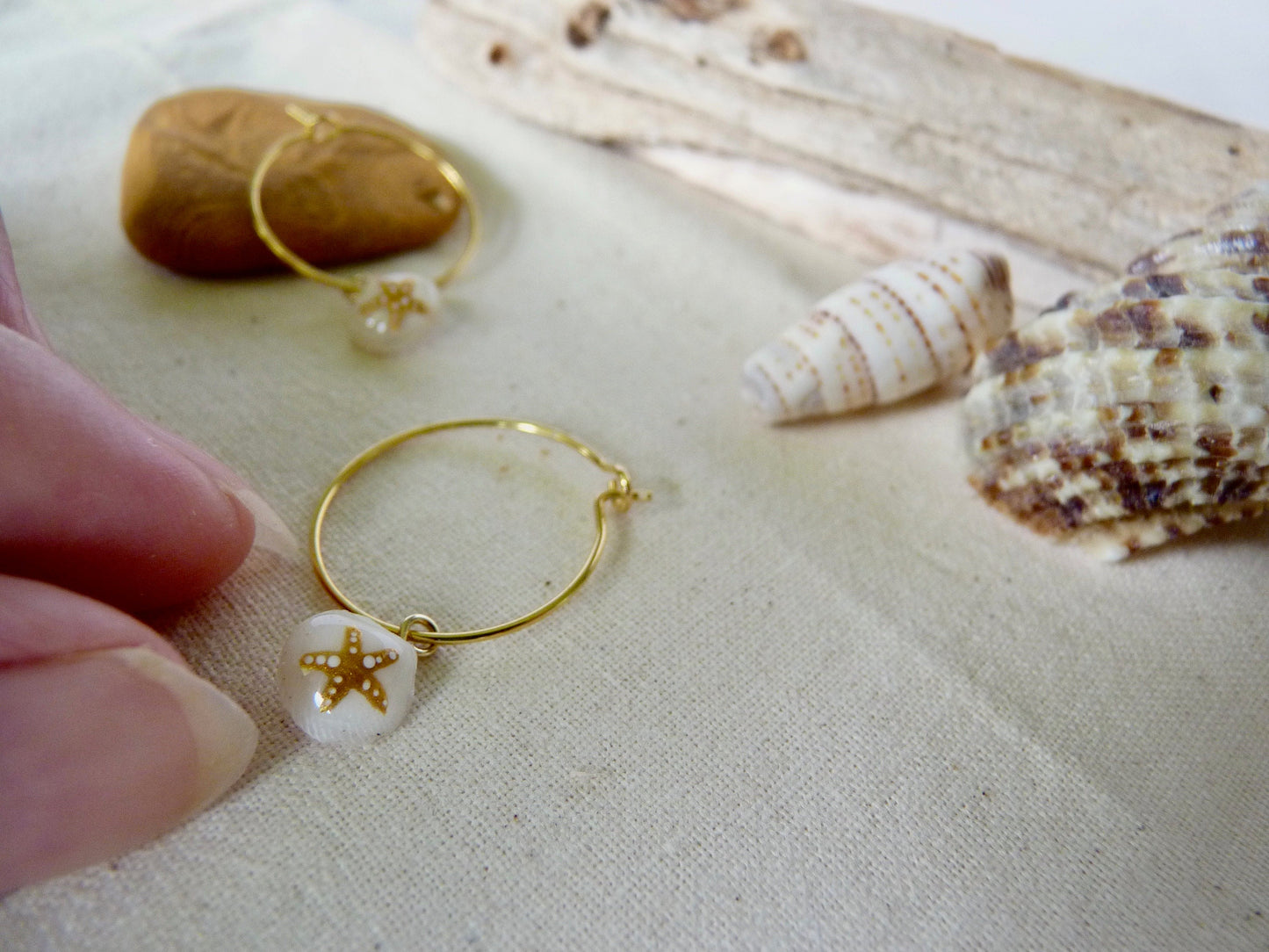 Tiny shell earrings with painting, little sun