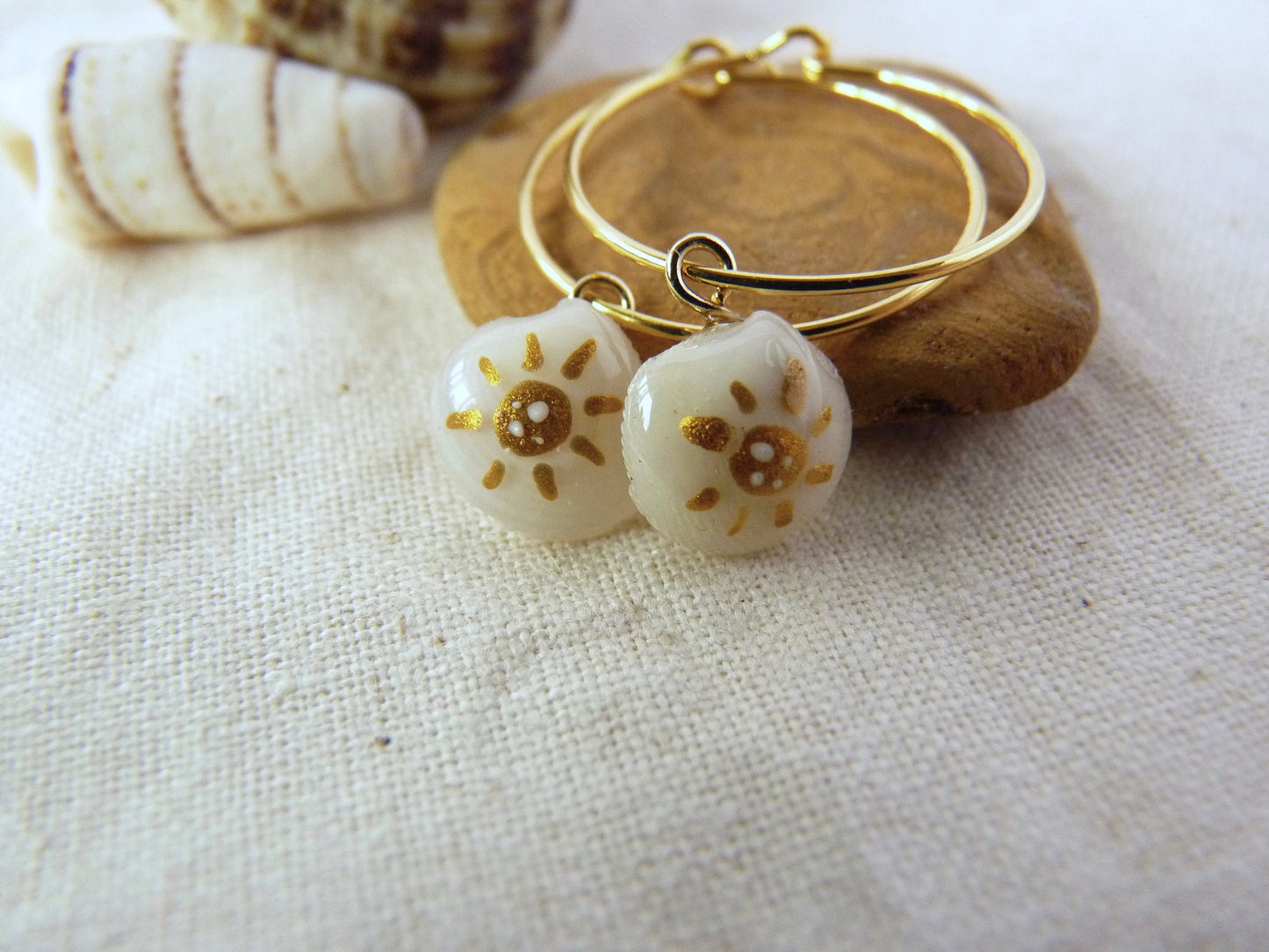 Tiny shell earrings with painting, little sun