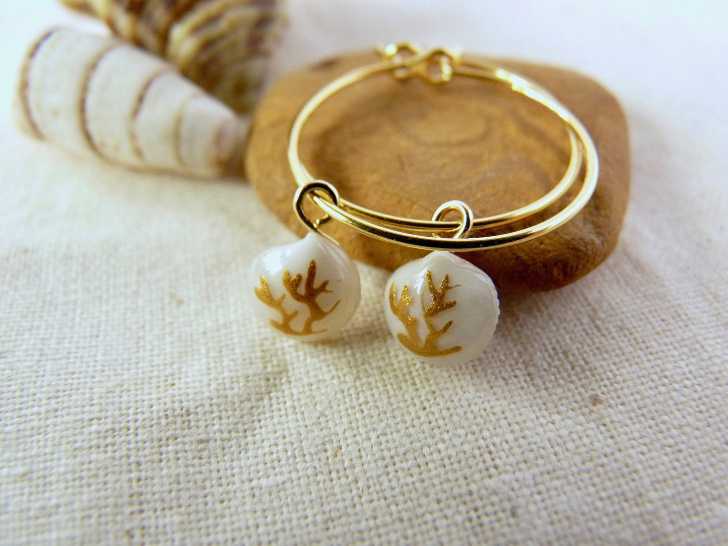 Tiny shell earrings with painting, little algae