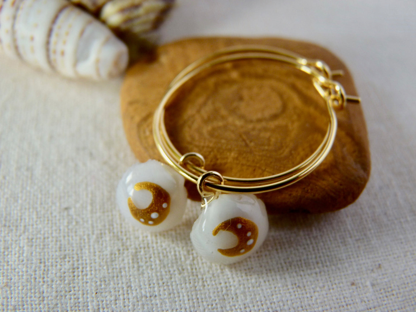 Tiny shell earrings with painting, little moon