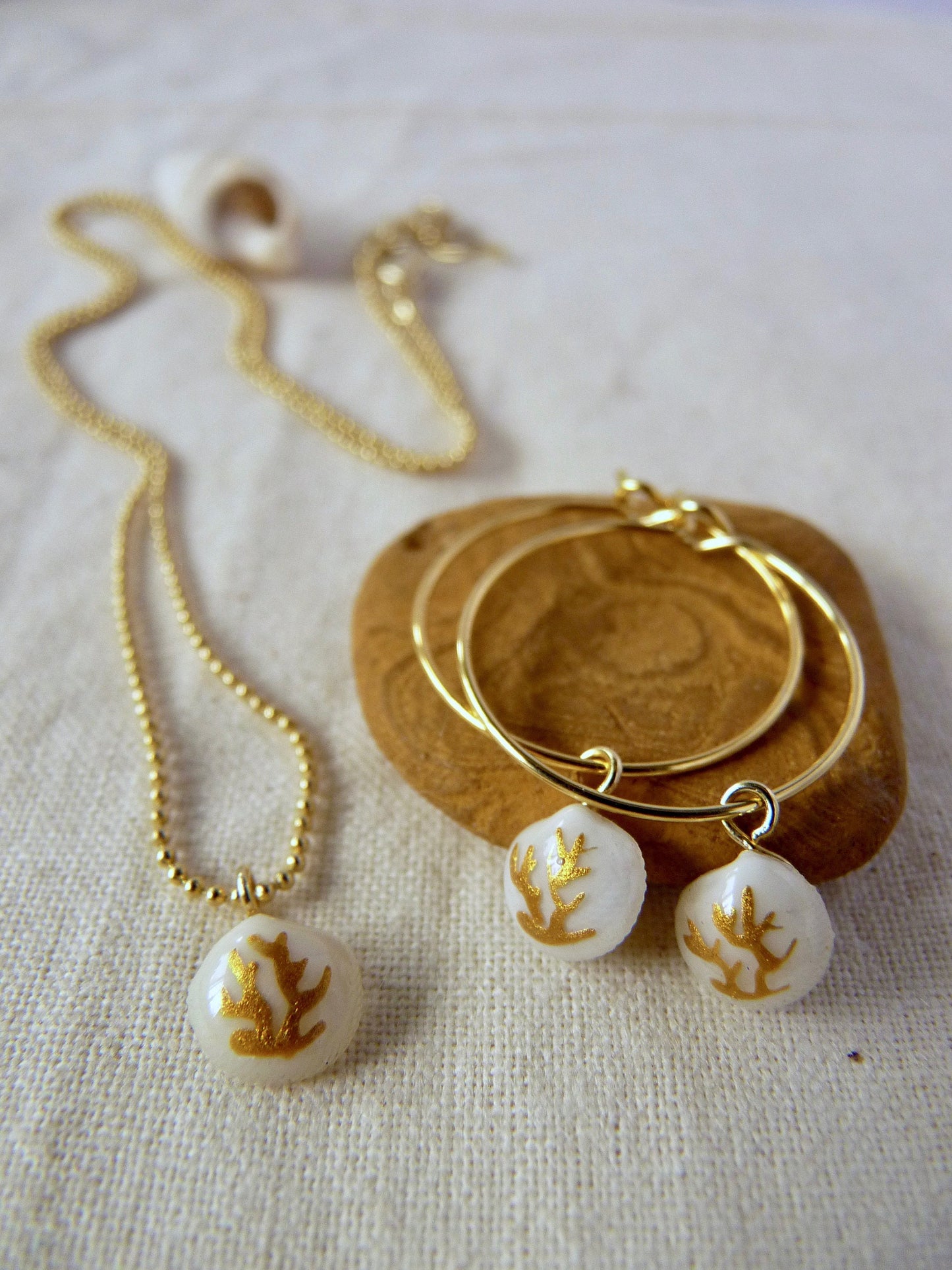 Tiny shell necklace with painting, little sun