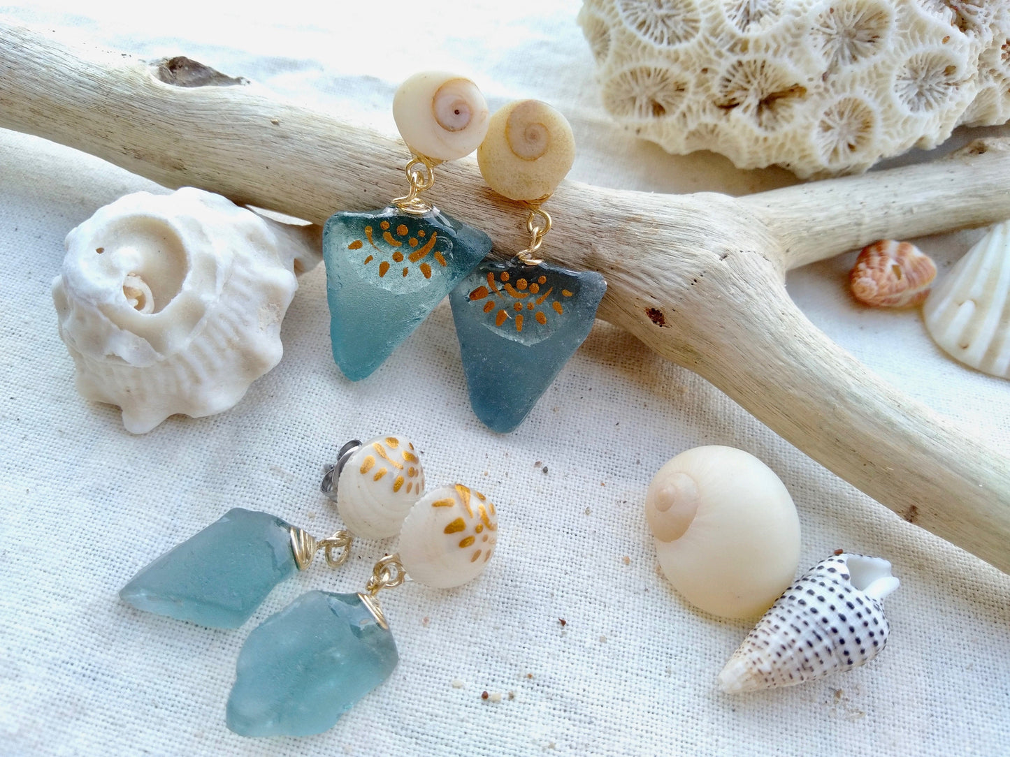 Sea Glass earrings with Tiny Shell