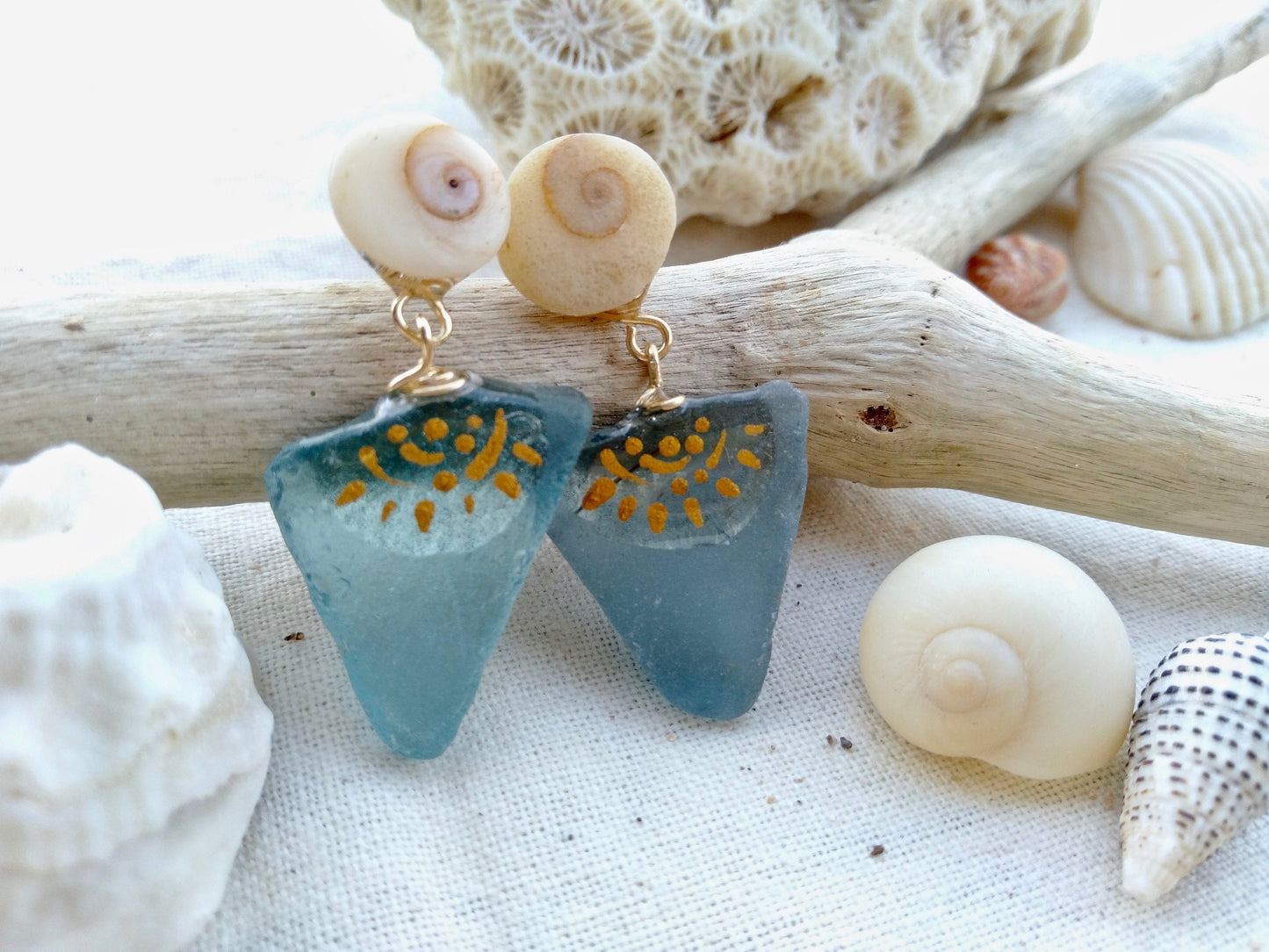 Sea Glass earrings with Tiny Shell