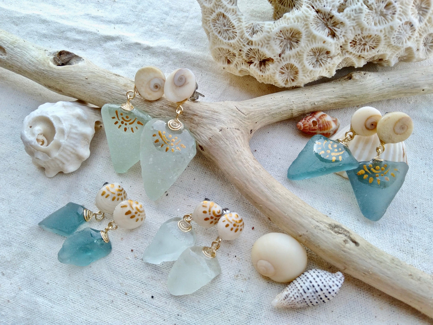 Sea Glass earrings with Tiny Shell